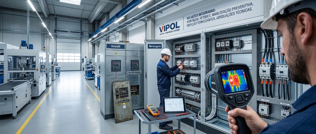 Técnico VIPOL realizando inspeção termográfica em painel elétrico industrial